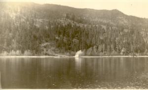 Early logging chute, possibly near Wilson's Landing on Okanagan Lake.